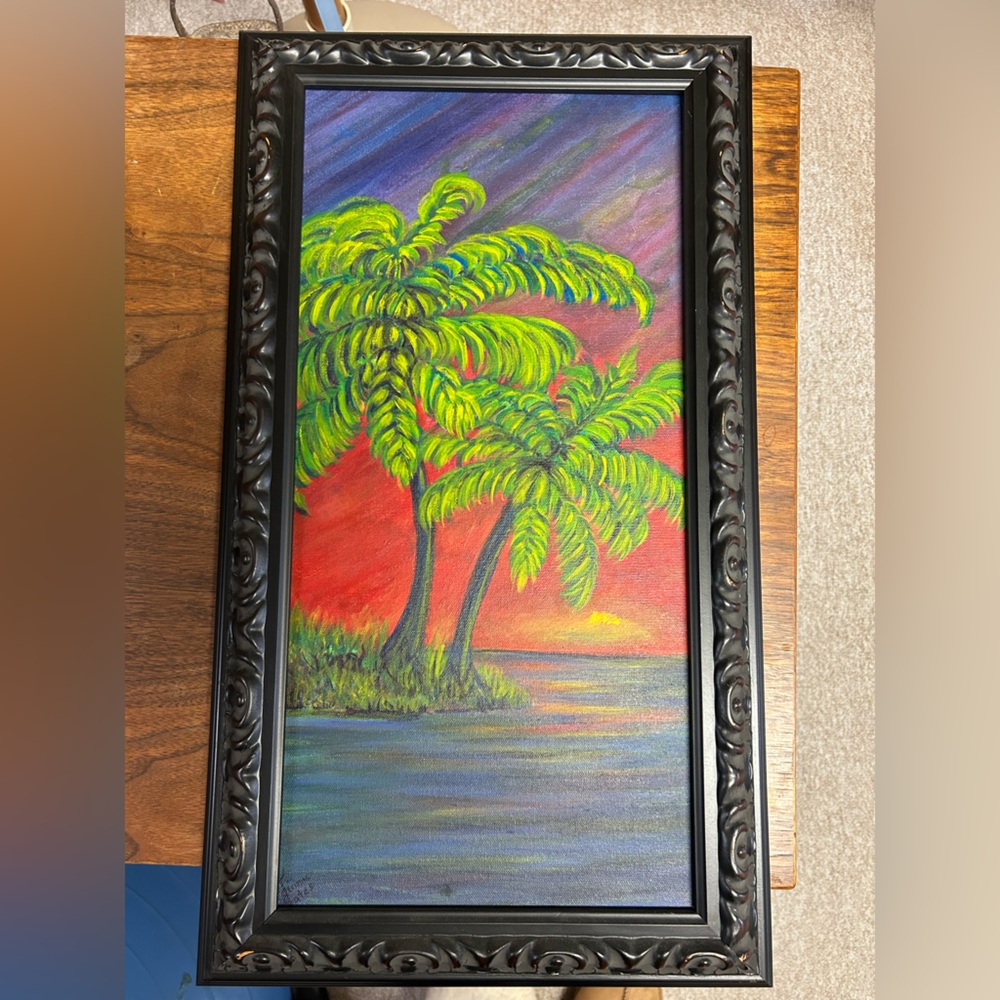 Tropical Sunset Palm Tree Art in Black Frame